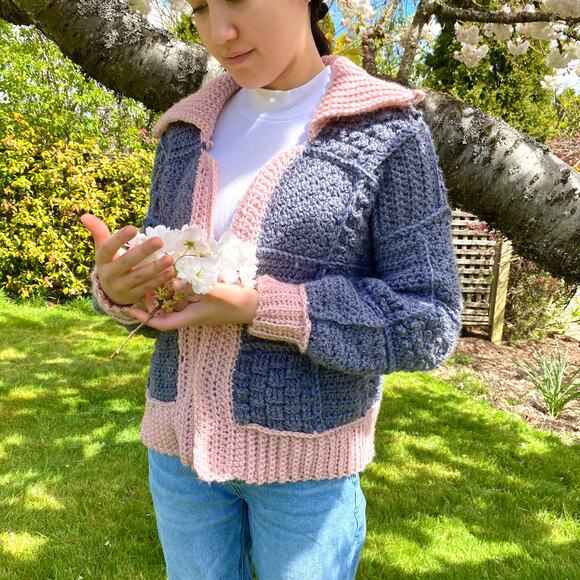 Crochet Granny Square Cardigan Small Gray Pink Handmade Harry Styles Inspired - Picture 2 of 7